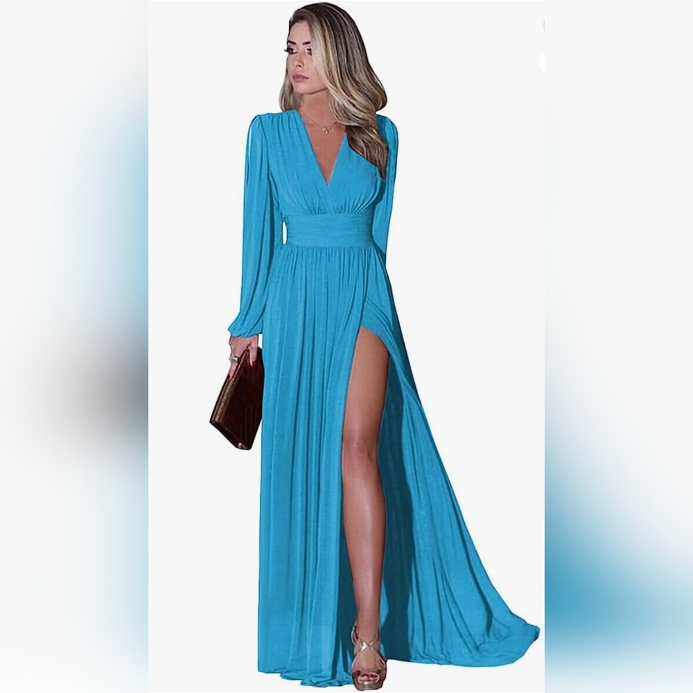 Long Sleeve Bridesmaid Dresses with Slit for Women V-Neck A Line Pleated Chiffon